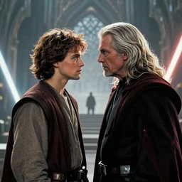 breathtaking poster art of Anakin Skywalker and Palpatine looking into each other\'s eyes romantically. They are in love. cinematic, dramatic, epic, trending on Artstation, 8K