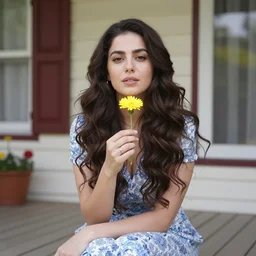 a beautiful portrait of actress rabia soyturk sitting on the porch holding a flower, in front of the house