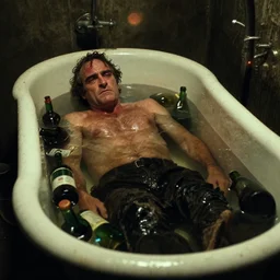 the top shot of old wrinkled drunkard ( ( joaquin phoenix ) ) lying in old cast iron bath filled with bottles in the water, cinematography of christopher doyle, dark old dirty room, anamorphic, optical flares, kodak film, sharp focus, realistic, 8 k