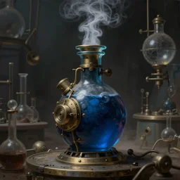 a steampunk painting of a mechanical dark blue steaming potion bottle, in a dark dusty vintage science lab, by h. r. giger, hyperrealistic fantasy art, concept matte, ethereal, dreamy, digital art, trending on artstation, volumetric cinematic lighting