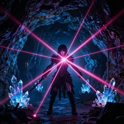 cinematic shot of a goth nightclub rave in a cave, brutal weaponry made of pink lasers and blue crystals, 8k photograph