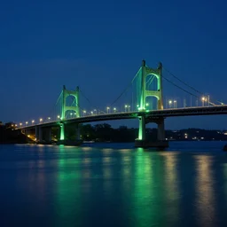 a midnight landscape with bridge and green lights and water profesional photo shot grom cinematic