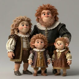 a cute neanderthal family dressed in baroque, italian renaissance