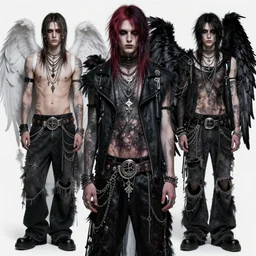 male grunge angels. emo alt angels. concept art. fashion. aesthetic. character design. repin. rhads greg rutkowski. kuvshinov ilya. ruan jia. highly detailed. intricate jewelry. hyper realism. realistic. ray tracing hdr. analogous colors. masterpiece. coherent. symmetry.