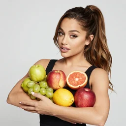 Ariana Grande holding various colored fruits.