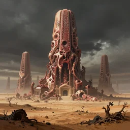 a vast, looming, infinite monolith made of meat in a desolate, charred desert, painted by hr giger