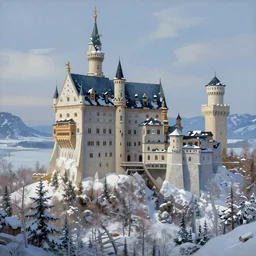 a painting of a castle in the middle of a snowy mountain, a detailed matte painting by andreas rocha and greg rutkowski, featured on artstation, fantasy art, matte drawing, matte painting, artstation hq