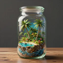 a tropical island inside a glass jar!! standing on a wooden table, intricate, highly detailed, volumentric lighting, hyperrealistic, octane render 8 k, specular highlights, subsurface scattering, artstation, cgsociety, painting by greg rutkowski, artgerm, wlop