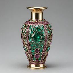 a beautiful vase created using nanotechnology, design by hr geiger, emerald, ruby, precious metal,