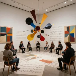 people in beautiful room listen music, musical score, abstract photo collage, high resolution, breathtaking detailed, artwork by alexander milne calder