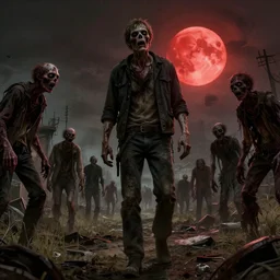 low angle shot of post apocaliptic rural town infested by zombies in the style of greg rutkowski and walking dead, hyper detailed elagant grotesque artwork, full figure, red moon