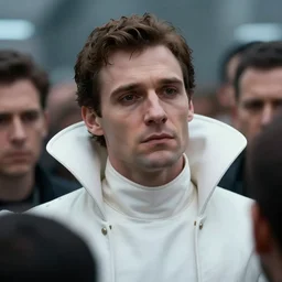 close up of a regal prince with sharp cheekbones, white clothes, high collar wistful melancholic hopeful expression, super details, furious people surrounding him, modern digital art, matte painting, science fiction