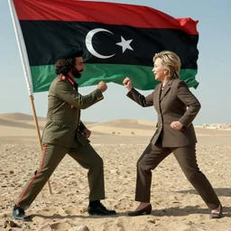 movie still of hilary clinton fighting colonel gadafi in libya, wide shot, realistic, octane render
