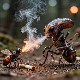 high quality presentation photo of fire breathing anthropomorphic horror alien insects smoking joints, photography 4k f1.8 anamorphic bokeh 4k Canon Nikon