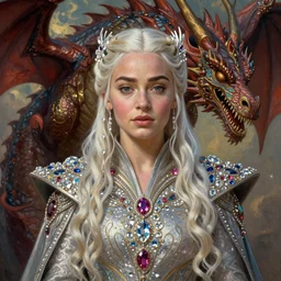 a portrait painting of daenerys targaryen queen in fantastic dress next to a dragon, embellished crystal and gemstones, medium shot, clear face, symmetrical face, face enhancement, volumetric lights, by lawrence alma - tadema, jaime jones, greg rutkowski, alphonse mucha, deviantart contest winner, artstation, fantasy art, highly detailed, 8 k, digital painting, smooth, concept art, sharp focus, illustration, golden ratio, mythological, cinematic lighting, cinematic, mythological, maximalist