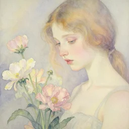 close up of a girl morphing into flowers, soft watercolor by gottfried helnwein, by hammershøi, art noveau, highly detailed, lights by edward hopper, liminal, eerie, pastel colors, limited palette