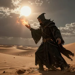 a powerful necromancer in a merciless desert, flickering air, hot sun from above, clouds in the sky, the feeling of dread and existential terror, style of peter mohrbacher, perspective from the side, octane render, unreal engine, 8k high definition