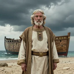 cinematic film still of 80 year old Mediterranean skinned man in ancient Canaanite clothing stands in front of Noah's ark. Storm clouds. directed by Steven Spielberg