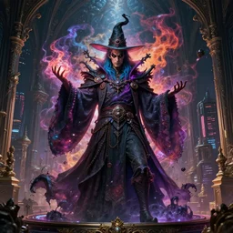 highly detailed beautiful portrait, mix of asian anthony tom hopkins cruise, evil powerful wizard mage, intricate colorful cosmic smoke magic, baroque gothic victorian interior cyberpunk city vista, artstation, tyle of artgerm, andreas rocha, hiroshi nagai
