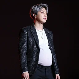 pregnant jungkook from bts with big belly on stage, photograph