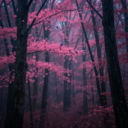 dense forest with pink leaves, birds, jakub rozalski, high detail, dramatic lighting, night, rain