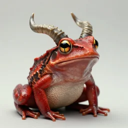 demon red frog with horn on this head, fantasy, by greg rutkowski, artstation, chimerical, ultra detailed, macro photography