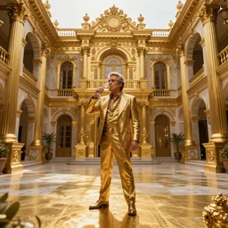 el chapo standing in the middle of a grandiose mexican mansion. everything is made out of gold. el chapo is sipping on wine. the mansion is incredible and ornate. chapo has a clockwork chain.