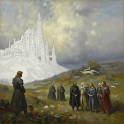 craig mullins epic oil on canvas painting of a middle ages atmospheric landscape, line art!!, ink, art concept for a book cover!!, harmonic colours, thik brushstrokes, medieval movie still, game of thrones concept art, highly detailed, centered, hyperrealism, romantic, smooth, sharp focus trending on artstation, by greg manchess and by ismail inceoglu and by kilian eng and by jake parker