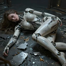 ultra realistic, cyborg woman crying and broken and lying on a surface, helpless, alone, shattered, cyberpunk, sci-fi, fantasy, intricate details, elegant, highly detailed, photorealistic, octane render, 8k, HD, art by artgerm and greg rutkowski and alphonse mucha