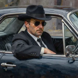 Hyper realistic oil painting of a noir detective in his car, hyper detailed, gloomy, moody lighting, by greg rutkowski, trending on artstation