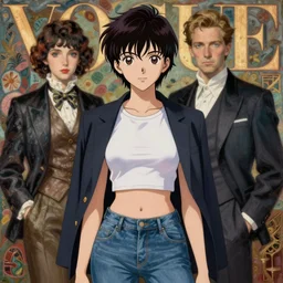 anime, vogue, intricate oil painting, trending on artstation, john singer sargent, greg rutkowski, crop top, blazer, jeans