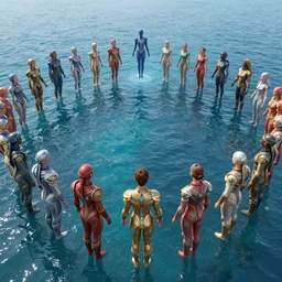 love, diverse water cybersuits, from behind, flying rituals, wide wide angle, vivid, elaborate, highly detailed, beautiful lighting