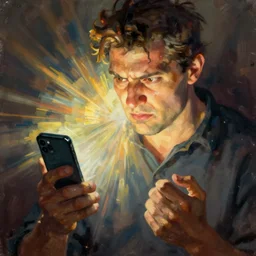 a man looks angrily at his cell phone as it constantly rings, art by grant wood