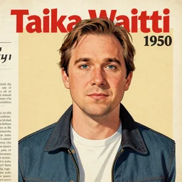 “Taika Waititi portrait, color vintage magazine illustration 1950”