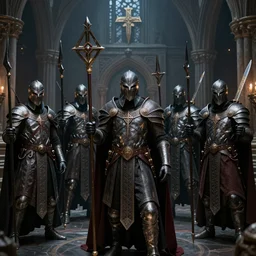 satanists Minions in masonic lodge during a medieval battle, warcraft style, realistic 4k octane beautifully detailed render, 4k post-processing, highly detailed, intricate complexity, epic composition, magical atmosphere, cinematic lighting, masterpiece, ultra hd