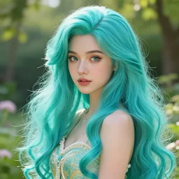 beautiful girl with long turqoise hair, in a garden, cute, intricate, highly detailed, digital painting, trending on artstation, concept art, smooth, sharp focus, backlit, rim light, vivid colors, illustration, unreal engine 5, 8 k, art by rossdraws and alphonse mucha