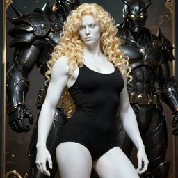 pinup poster of the pale blond androgynous MALE soldier Lucius by J.C Leyendecker and Peter Paul Rubens, porcelain white skin, tight black tank top and shorts, voluptuous male, long luxurious light curly blond hair, long fluffy blond curly hair, genetically engineered super soldier black armor glowing eyes, league of legends splash screen, hyper detailed background, 4K, artstation
