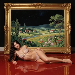 Emily Ratajkowski full body laying in a blood red pool of water between a golden mirror frame, outside is space and inside the mirror frame is a beautiful landscape., physically accurate, dynamic lighting, intricate, elegant, highly detailed, very very Roberto Ferri, sharp focus, illustration, art