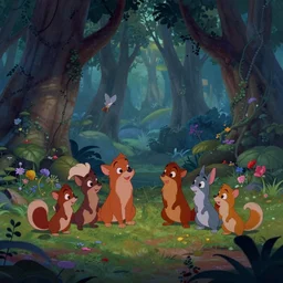 Movie frame from the coloured Disney animated motion picture released in 1937, beautiful enchanted forest full of critters, directed by Walt Disney, highly detailed background paintings by Thomas Kinkade