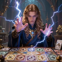 a card game design of high fantasy young sorcerer casting a spell, by peter mohrbacher and craig mullins, face close up, official media, beautiful, rpg portrait, concept art, fantasy world, sharp, smooth, detailed, high quality, wallpaper 4 k, epic, trending on artstation and behance, dynamic lightning