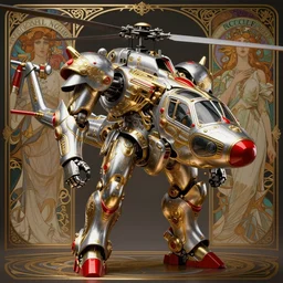epic war helicopter mecha, dramatic lighting, silver gold red details, filigree, intricate details, cinematic, elegant, octane render, art nouveau, 8k post-processing, intricate art by John Collier and Albert Aublet and Krenz Cushart and Artem Demura and Alphonse Mucha