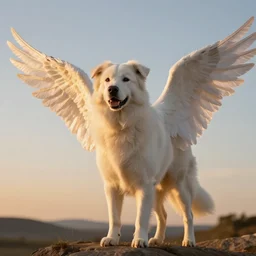a angelic white lone breed dog with wings, digital art, low depth field, sky, golden hour time