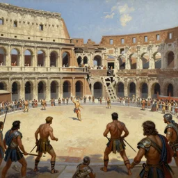 A closeup oil painting of a gladiatorial arena match, by Greg Rutkowski, Frank Frazetta, Boris Vallejo, epic fantasy character art, olympus, Exquisite detail, post-processing, masterpiece, cinematic, Coliseum of Rome
