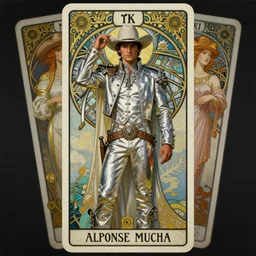a dramatic ethereal epic symmetrical painting of a handsome cowboy in a silver outfit | tarot card, art deco, art nouveau,  (steampunk), homoerotic, realistic | by Mark Maggiori and ((((Alphonse Mucha))) | trending on artstation
