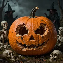 a rotten and disintegrated pumpkin reveals skeletons and witches in style of dave mckean