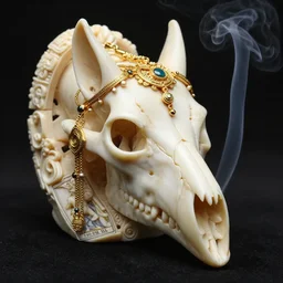 wolf skull covered in gold intricate ornaments and jewelry, smoke in the back, chinese ivory sculpture, necroxii style, tarot, extremely high detail, black background