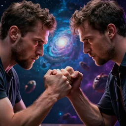 Epic dramatic cinematic close-up character shot of a man pit against his mortal enemy in a thumb war for the fate of cosmic reality. Digital art. By Finnian MacManus, Dominik Mayer, Anton Fadeev, and Alena Aenami. Masterpiece. Trending on Artstation and CGsociety. World's greatest artistry. HDR. 4k. Amazing incredible awesome awe-struck fantastic intriguing. Creative use of colors. Fantastic lighting.