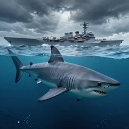 a hyper detailed 3 d render of a leviathan shark floating just below the surface of the ocean, aircraft carriers, battleships, stormy weather, concept art, 8 k, artstation, art by greg rutkowski and adreas rochas, pixiv