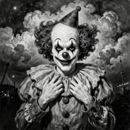 By Tom Bagshaw, ultra realist soft painting of a curiosities carnival by night, Clown, horror, omnious sky, symmetry accurate features, very intricate details, black and white, volumetric light clouds