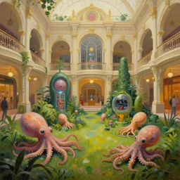 lush scifi high tech garden in a victorian shopping mall courtyard, microscopy cyborg cephalopods minimalist oil painting by donato giancola, chris foss, maschinen krieger fetuses organic laboratory, beeple, the matrix, star wars, ilm, star citizen, mass effect, warm coloured, artstation, atmospheric perspective